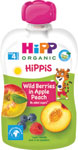 HiPPis BIO 100% ovocie Jablko-Broskyne-Lesné ovocie 100 g - Kubík desiata ovocné pyré jablko+banán+malina+krupica 100 g | Teta drogérie eshop