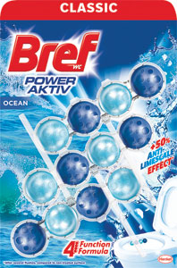Bref tuhý WC blok Power Aktiv Ocean 3 x 50 g - Bref blue Aktiv Chlorine tuhý WC blok  100 g | Teta drogérie eshop