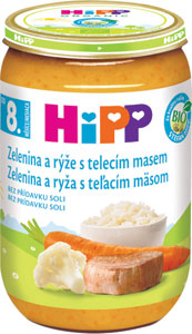 HiPP BIO Zelenina a ryža s teľacím mäsom 220 g - Sunar príkrm Bio zelenina, morčacie mäso, šošovica, olivový olej 190 g | Teta drogérie eshop