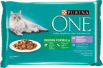 Purina One Indoor kapsičky multibalenie s tuniakom a zelenými fazuľkami, s telacím a mrkvou v štave, 4 x 85 g