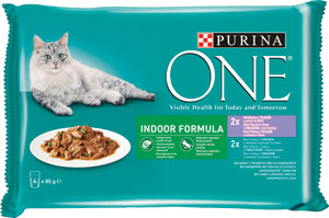 Purina One Indoor kapsičky multibalenie s tuniakom a zelenými fazuľkami, s telacím a mrkvou v štave, 4 x 85 g