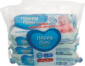 Happy Mimi Detské vlhčené obrúsky 99% vody 180 ks - Happy Mimi detské vlhčené obrúsky 4 x 72 ks | Teta drogérie eshop