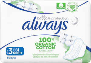 always hygienické vložky 100 % Organic Cotton Night 9 ks - Teta drogérie eshop