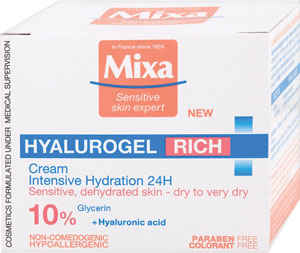 Mixa Hyalurogel hydratačný krém Rich 50 ml - Nivea Cellular remodelačný denný a nočný krém Hyaluron Filler Elasticity  2x50 ml | Teta drogérie eshop
