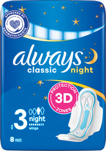 Always Classic hygienické vložky Night 8 ks - always hygienické vložky 100 % Organic Cotton Normal 12 ks | Teta drogérie eshop