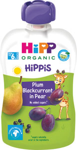 HiPPis BIO 100% ovocie  Hruška-Čierne ríbezle-Slivka 100 g - Ovko Plus ovocné pyré jablko-hruška 120 g | Teta drogérie eshop