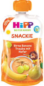 HiPP BIO Snackie Hruška-Banán-Biele hrozno-Ovos 120 g - HiPPis BIO 100% ovocie Hruška-Jablko 100 g | Teta drogérie eshop