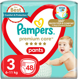 Pampers Premium pants plienkové nohavičky S3 48 ks 6-11 kg - Happy Mimi detské látkové plienky biele 70x70 cm 3 ks | Teta drogérie eshop