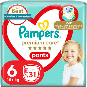 Pampers Premium pants plienkové nohavičky S6 31 ks 15+kg - Pampers Active baby detské plienky veľkosť 6 128 ks 13-18 kg | Teta drogérie eshop