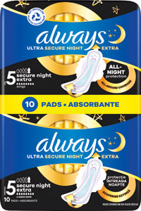Always Ultra hygienické vložky Secure Night 10 ks - always hygienické vložky 100 % Organic Cotton Long 10 ks | Teta drogérie eshop