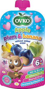 Ovko detská výživa jablko slivka banán bez cukru 120 g - Ovko Plus ovocné pyré jablko-broskyňa 120 g | Teta drogérie eshop
