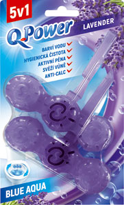 Q-Power tuhý WC záves Blue Aqua Lavender 2 x 40 g - Domestos WC blok AromaLux Wild Berries & Hibiscus oil 2x55 g | Teta drogérie eshop