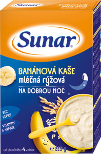 Sunar banánová mliečna ryžová kaša na dobrú noc 225 g - HiPP BIO Kaša Na dobrú noc s keksami a jablkami 190 g | Teta drogérie eshop