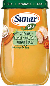 Sunar BIO príkrm zelenina, kuracie mäso, ryža, olivový olej 6m+ 190 g