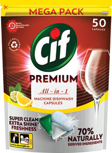 Cif Premium tablety do umývačky Lemon 50 ks - Cif All in 1 gél do umývačky riadov Power by Nature 640 ml | Teta drogérie eshop