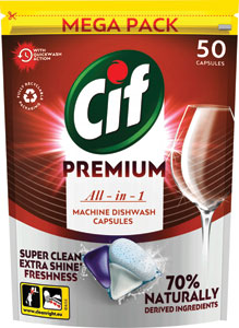 Cif Premium tablety do umývačky Regular 50 ks - Finish Classic prášok do umývačky riadu Lemon Sparkle 1,2 kg | Teta drogérie eshop