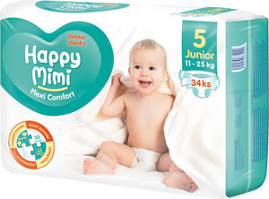 Happy Mimi Flexi Comfort detské plienky 5 junior 34 ks - Pampers Active baby detské plienky veľkosť 5 150 ks 11-16 kg | Teta drogérie eshop