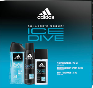 Adidas darčeková sada Ice Dive sprchový gél 250 ml, deodorant body spray 150 ml, body fragrance 75 ml