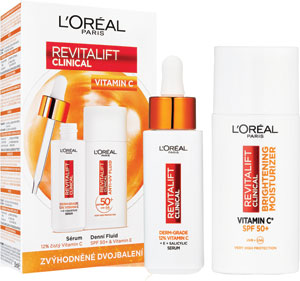L''Oréal Paris Revitalift Clinical Vitamín C duopack, sérum s čistým 12 % vitamínom C a denný anti-UV fluid s veľmi vysokou ochranou s SPF50+ a vitamínom C 30ml + 50 ml