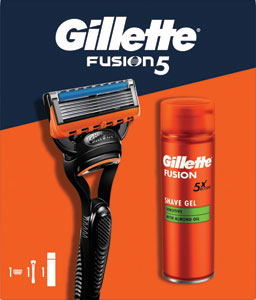 Gillette darčeková sada Holiaci strojček Fusion5 + 1 holiaca hlavica + Fusion gel Sensitive 75 ml