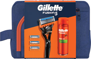 Gillette darčeková sada holiaci strojček Fusion5 + 4 náhradné hlavice + Fusion gel Sensitive 200 ml + kozmetická taška
