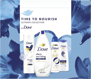 Dove darčeková sada Original 5 - sprchovací gél 250 ml, telové mlieko 250 ml, šampón 250 ml, antiperspirant 150 ml