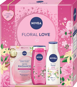 Nivea darčeková sada BOX FLORAL LOVE LE 2024 rozjasňujúca textilná maska, sprchovací gél Floral 250 ml, telové mlieko Floral 250 ml