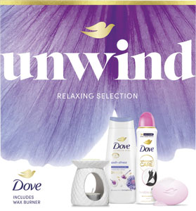 Dove darčeková sada Antistress advanced sprchovací gél 225 ml, tuhé mydlo 90 g, antiperspirant 150 ml, aroma lampa