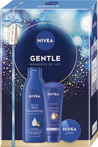 Nivea darčeková sada Box Gentle Body Milk 2025, telové mlieko 250 ml, krém na ruky 100 ml, nivea krém 30 ml