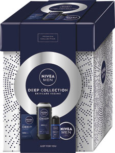Nivea darčeková sada Men Box Lotion Deep 2025 voda po holení 100 ml, Men krém 75 ml, antiperspirant 50 ml, sprchovací gél 250 ml