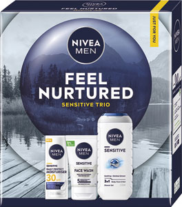 Nivea darčeková sada Men Box Face Sensitive 2025 denný krém SPF30 50 ml, čistiaci gél 100 ml, sprchovací gél 250 ml
