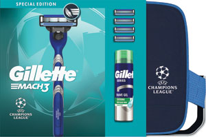 Gillette darčeková sada holiaci strojček Mach3 Champions league, 4 holiace hlavice, Series Sensitive gél 200 ml, kozmetická taška