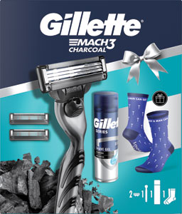 Gillette darčeková sada holiaci strojček Mach3 Charcoal, 2 holiace hlavice, Series Cleansing gél 200 ml, ponožky