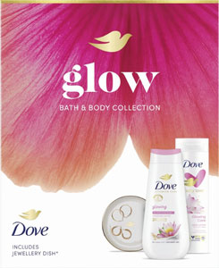 Dove darčeková sada Glowing sprchovací gél 225 ml, telové mlieko 250 ml, miska na šperky
