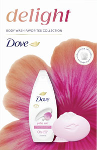 Dove darčeková sada Petal Soft sprchovací gél 250 ml, tuhé mydlo 90 g, špongia