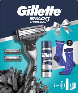 Gillette Mach3 Charcoal darčeková sada strojček, 2 ks náhradných hlavíc, gél na holenie 200 ml, ponožky