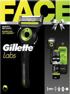 Gillette Labs darčeková sada strojček, 1 ks náhradná hlavica, gél na holenie 198 ml, cestovné púzdro, držiak do sprchy