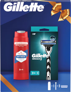 Gillette Mach3 darčeková sada strojček, 2 ks náhradných hlavíc, Old Spice sprchový gél 250 ml Whitewater