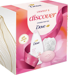 Dove darčeková sada Petal Soft sprchovací gél 250 ml, tuhé mydlo 90 g, hubka