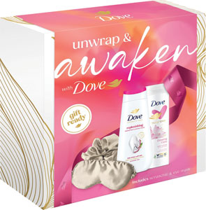 Dove darčeková sada Awakening  sprchovací gél 225 ml, telové mlieko 250 ml, gumička do vlasov, maska na oči